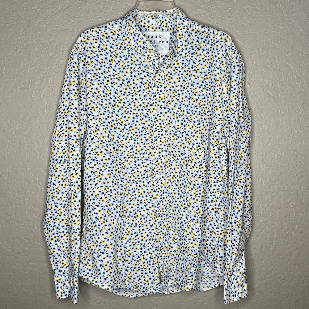 Frank & Eileen White Button-Down Cotton Shirt with Yellow-Blue Floral Print Sz L